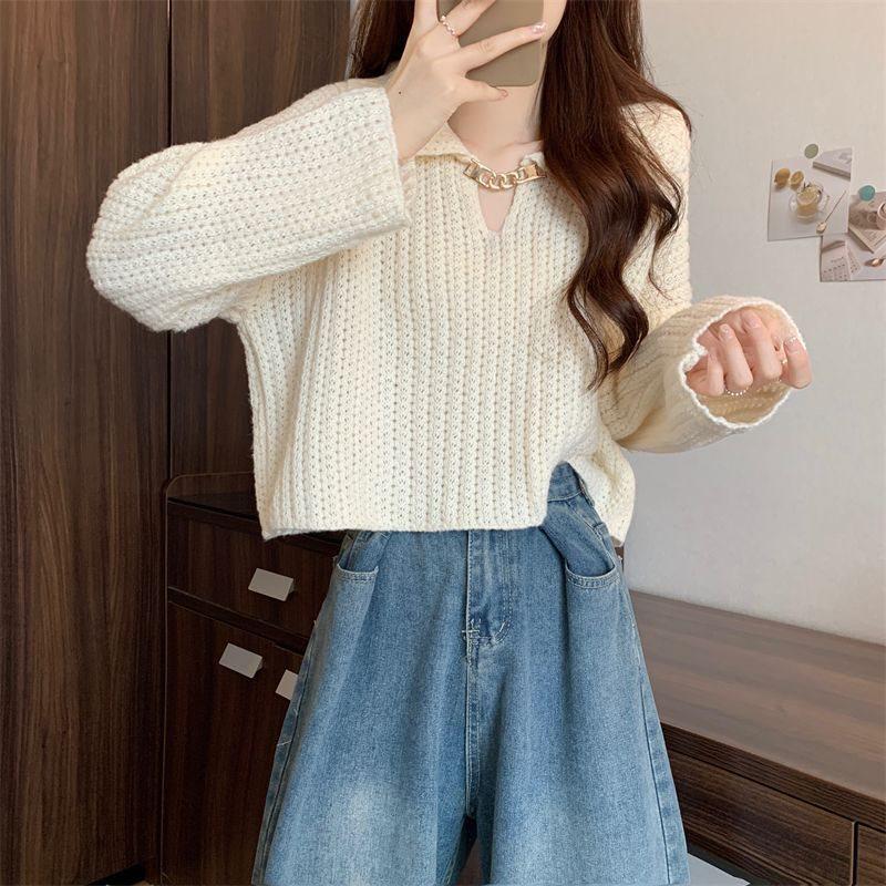 Strickpullover mit Puppenkragen im koreanischen Stil für zierliche Frauen - Langärmlig, lockere Passform, für Frühling und Herbst