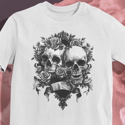 26 Gothic Skull and Rose T-Shirt – Intricate Black-and-Whit<wbr/>e Double Skull Desig Unisex T-Shirt