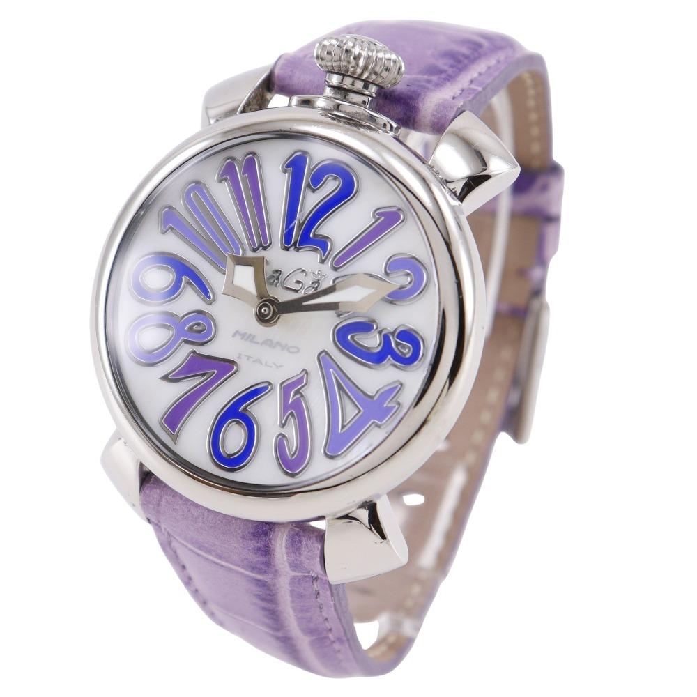 Gaga Milano Manure 40 Watches Silver/purple White shellDial Stainless Steel/Embossed Leather Quartz Analog display mens Used