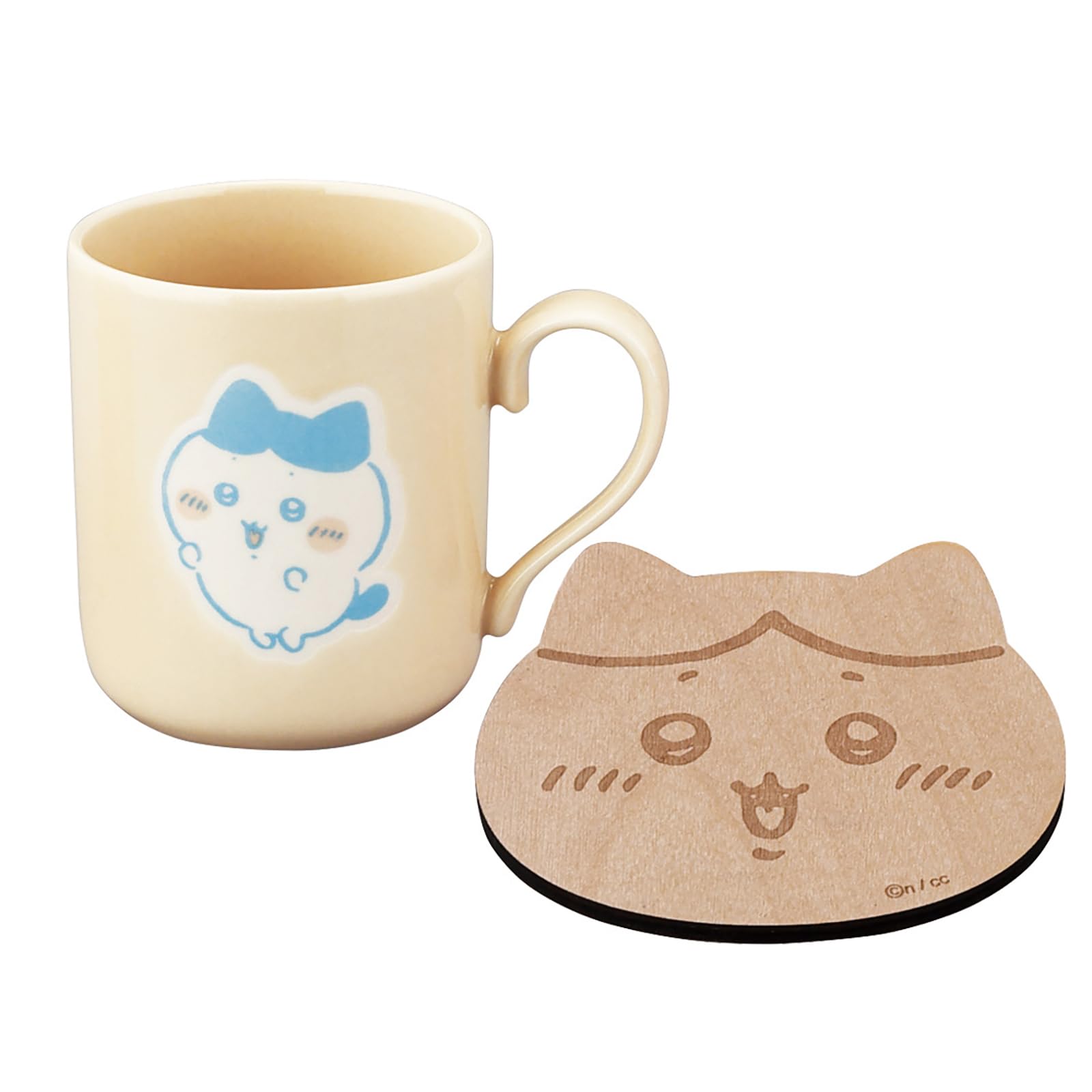 Officially Licensed Chiikawa Wooden and Dinnerware Set 8 x Hachiware Microwave and Dishwasher Made in Mug, Coaster, (300ml, Diameter Approx. 9cm), бежевый