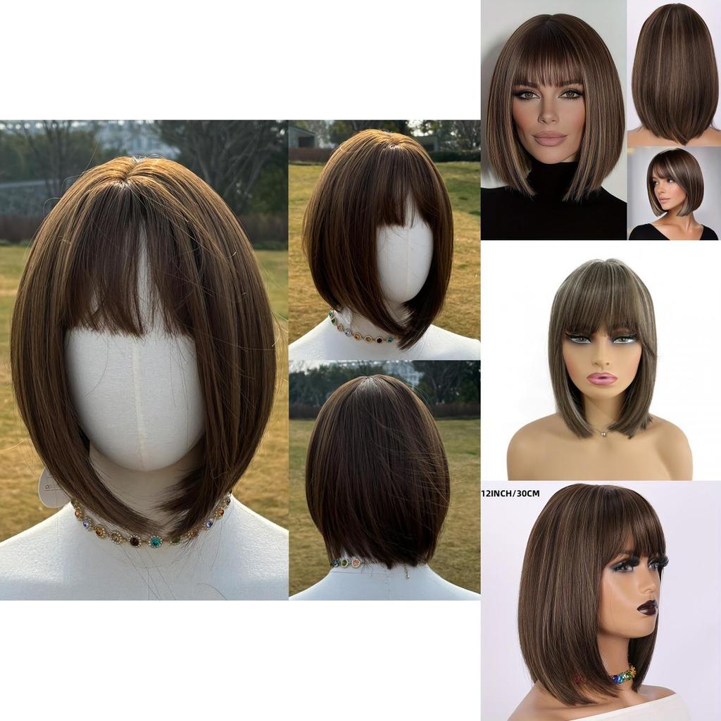 Short Straight Hair Wig With Bangs For Women Hightemperature Silk For Fashionable Ladies