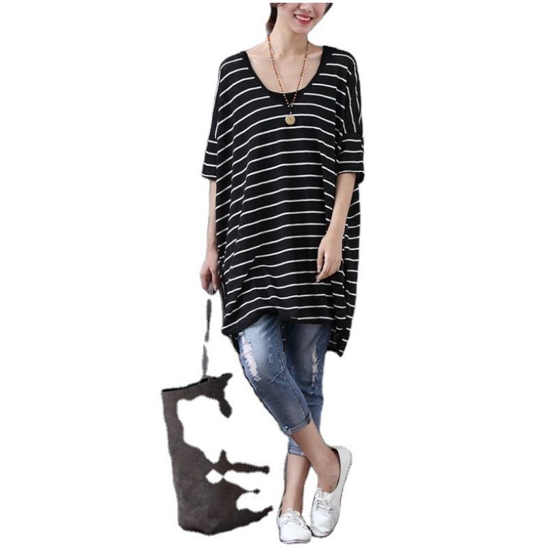 Plus Size T-skjorte stripete flaggermus-ermet mellomlang kortermet kjole