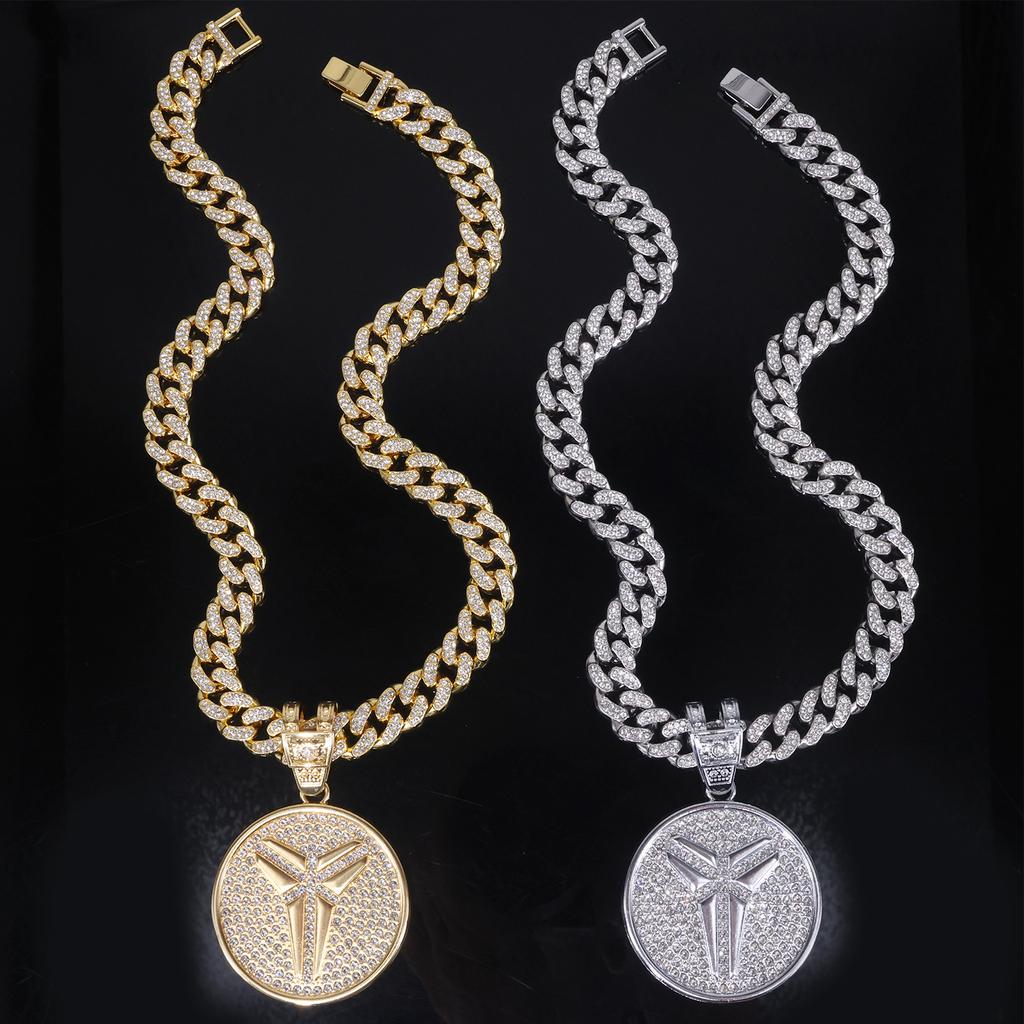 European American Hot Selling Full Rhinestone Alloy Triangle Star Round Tag Pendant Hip Hop Cuban Chain Necklace Street Rap Trendsetter Accessories