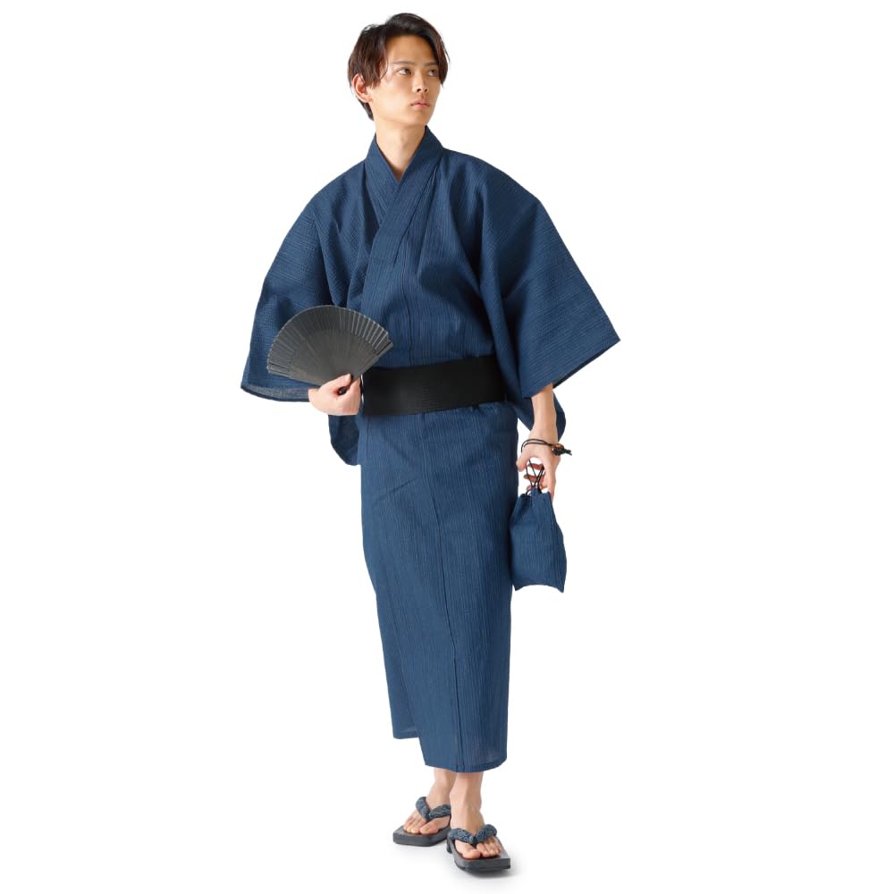 Set Inner Drawstring Folding with Obi Size [GRADE] Men's "Elegant Yukata" 6-Piece (Obi, Obi, Bag, Fan, Geta) One-Touch (Navy Kirisame, M)