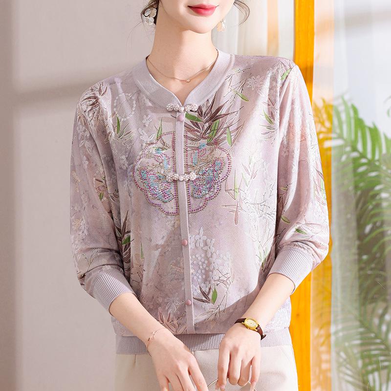 Elegant Long Sleeve Chinese Style T-Shirt for Middle-Aged and Elderly Women - Spring Patterned Elastic Top
