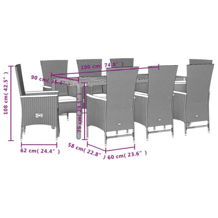 VidaXL Ensemble à Manger de Jardin avec Coussins 9 pcs, Table de Terrasse, Meubles de Patio, Mobilier d'Extérieur, Noir 3277521