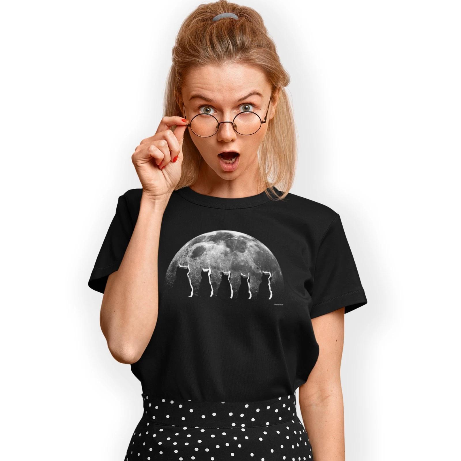 Cats Staring At The Moon Hand Printed T-Shirt Birthday Gift Size S-5XL 3XL