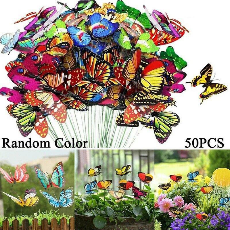 Garden Courtyard 50Pcs Butterfly Stake 7cm Colorful Waterproof Butterfly Flowerpot Stake For Home Party Decoration