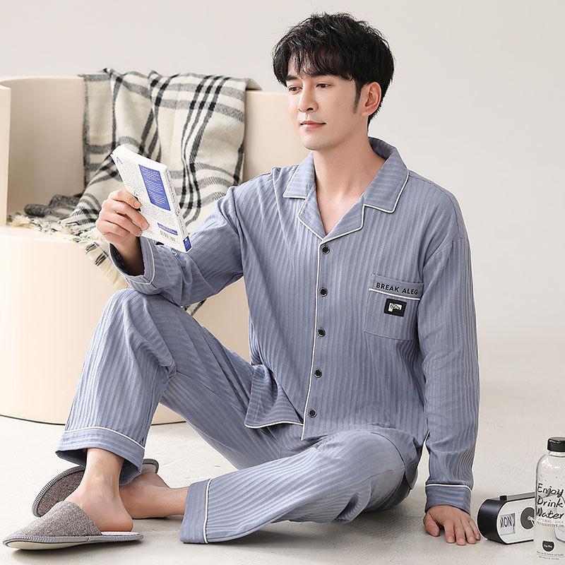 Pajamas Men'S Spring And Autumn Cotton Long Sleeve Autumn Cotton Cardigan Casual Suit Autumn Loungewear