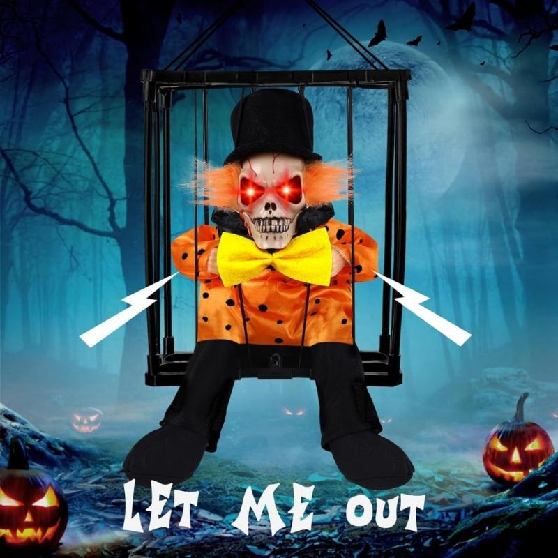 Halloween Animiertes Bewegliches Geisterhaftes In Käfig Hängendes Ornament Mit Rot Glühendem Auge Automatischer Soundeffekt Für Haus Hof Dekoration