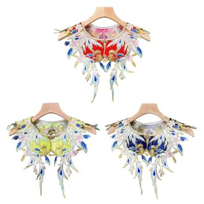 Women Ancient Style Embroidered Floral Fake Collar Pearls Beading Neckline Small Shawl Wrap Hanfu Costume Accessories