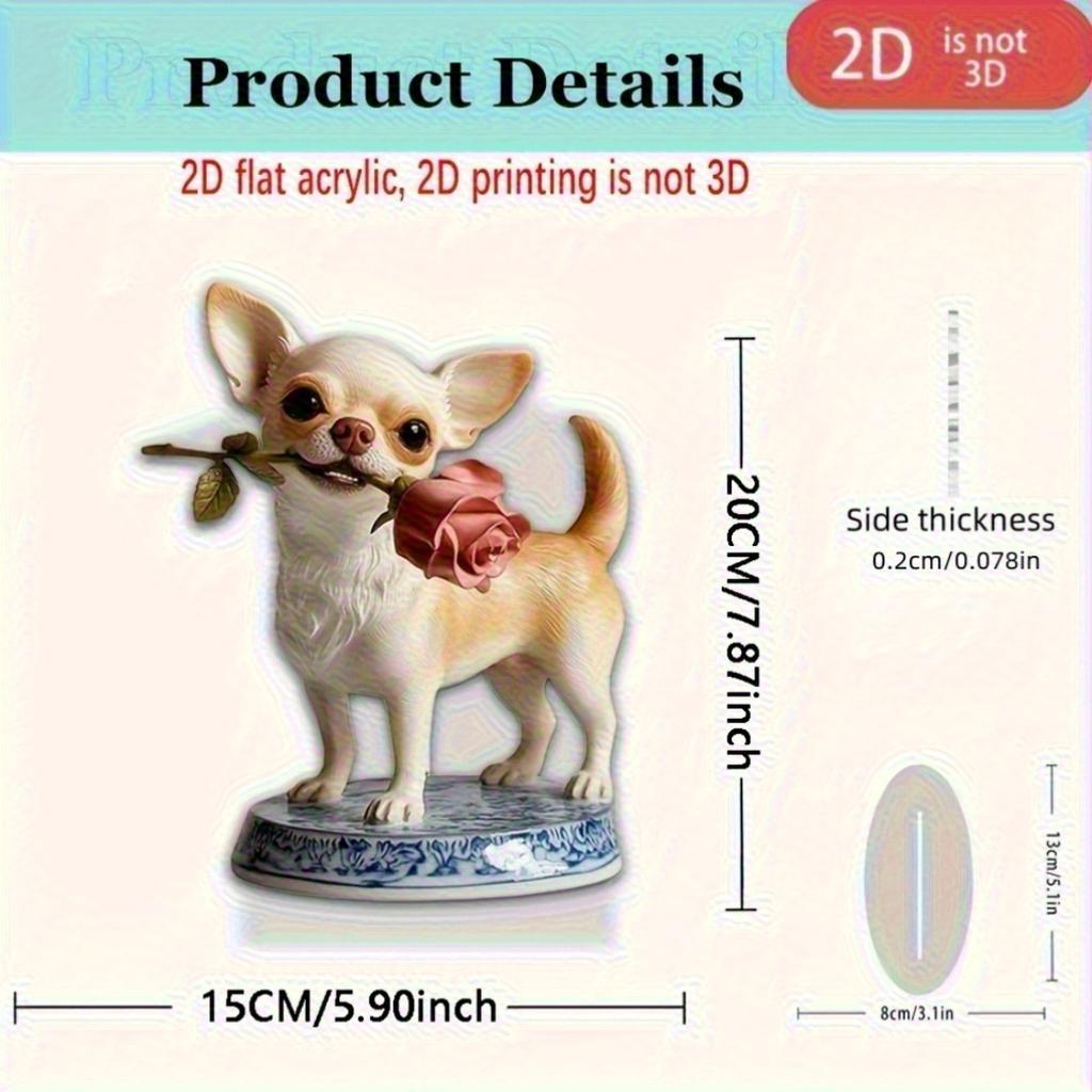 2D Acrylic Art Desktop Ornament, Chihuahua With Rose Design, Blue White Base Bohemian Decor For Home Office, Perfect Gift For Dog Lovers