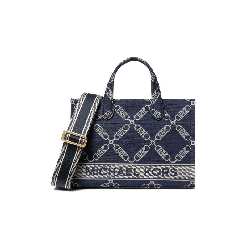 MICHAEL KORS Gigi Logo Chain Jacquard Pattern Commuting Business Fabric Tote Bag Shopping Bag Shoulder Crossbody Handbag Medium Women's Navy Blue