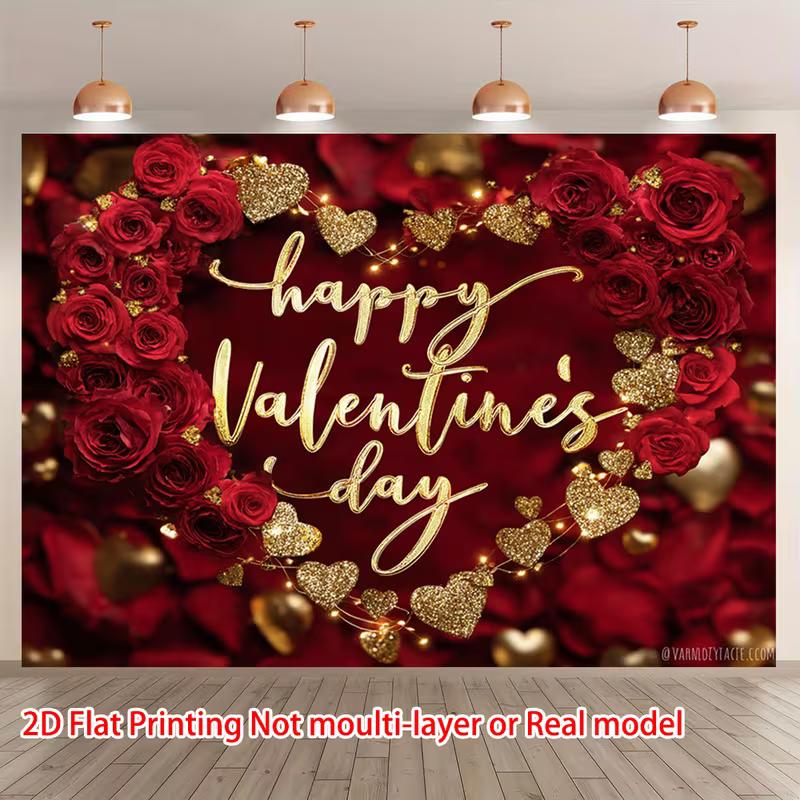2D Happy Valentine's Day Banner, Red Rose & Gold Glitter Heart Background for Valentine's Photo Booth