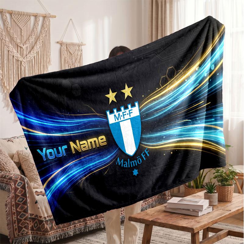 Malmö FF Personalized Fleece Blanket With Football Logo, Custom Name Text Soft Warm Home Throw Blanket