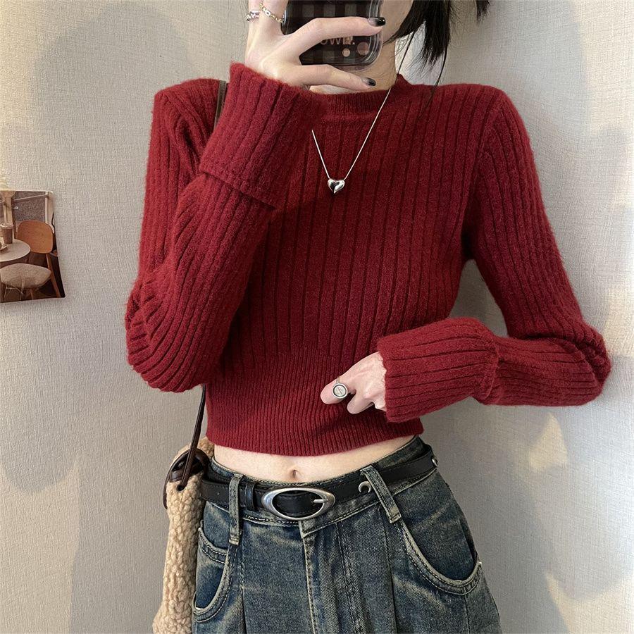 

Angola Red High-Waist Knit Sweater - Spring Korean Chic Women s Top One Size