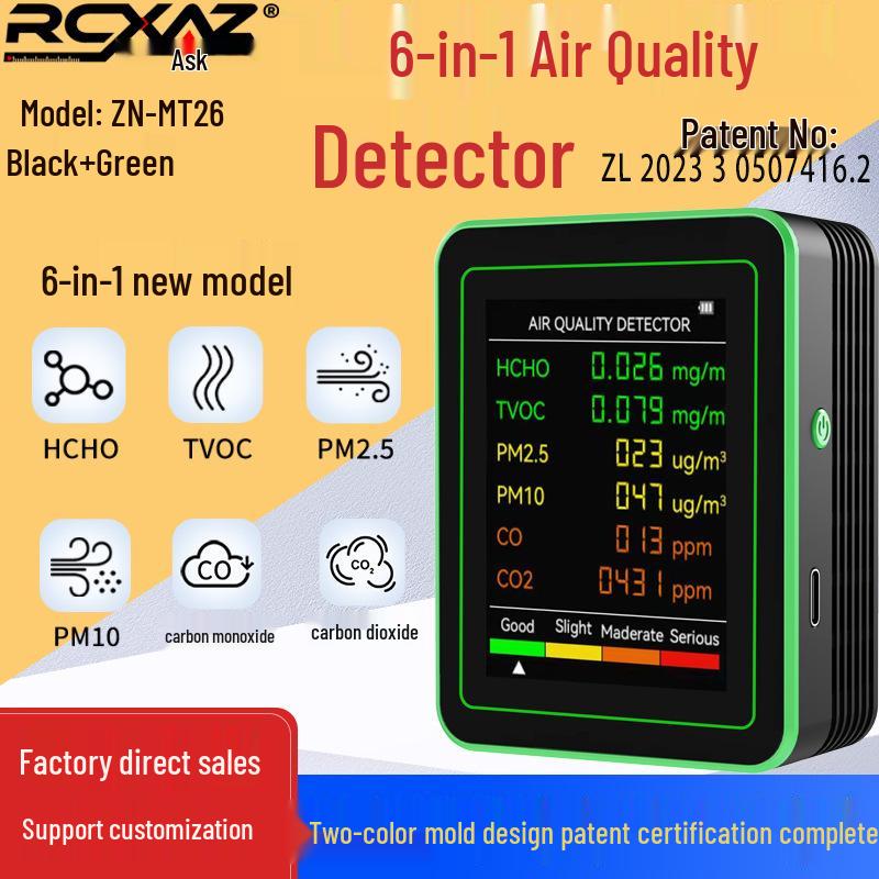 

6-в-1 Детектор якості повітря: CO2, CO, PM2.5, PM10, TVOC, Формальдегід