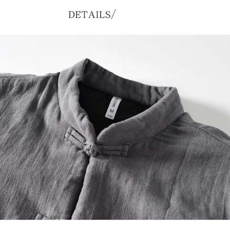 Autumn and Winter Warm Jackets for Men Chinese Style Traditional Buckle Padded Jacket Casual Stand Collar Cotton Linen Thicken Parkas Coat
