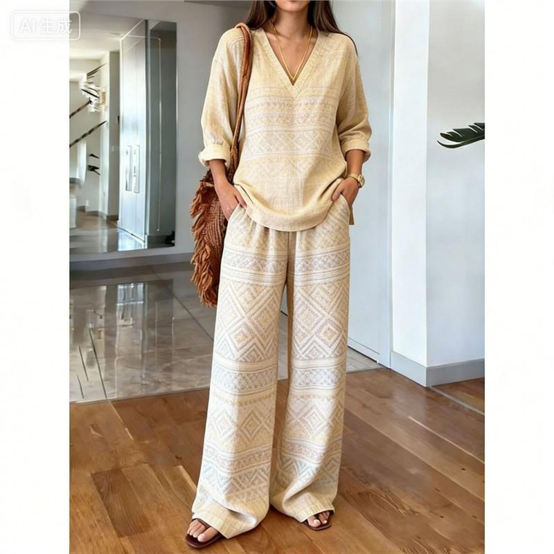 1116 Bohemian Print Cotton and Linen Shirt Wide-leg Pants Two-piece Set, Vacation Casual Suit Women Y1
