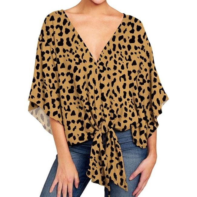 Damen Casual Blumenhemd Sommerstil V-Ausschnitt Kurzarm Fledermausärmel Lockeres Hemd Bohemian Stil Frontknoten Oberteil