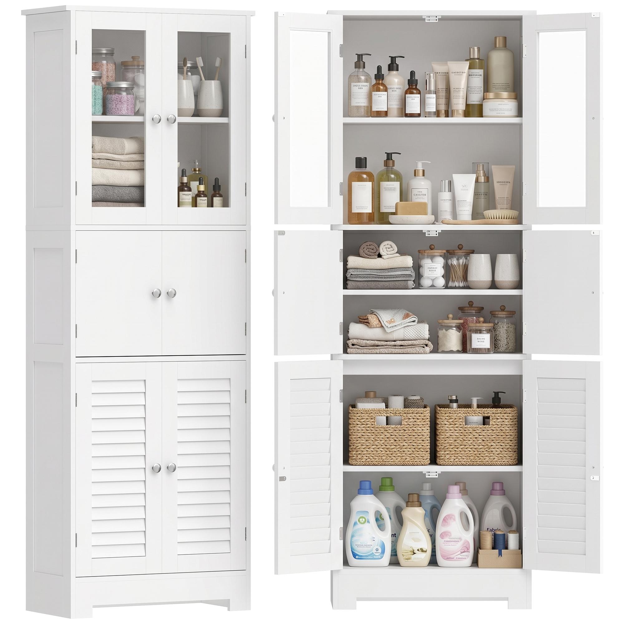Móvel de casa de banho alto, unidade de arrumação com 6 portas, incluindo 2 de vidro e 2 de ripas, prateleira ajustável, branco 60 x 30 x 170.5 cm