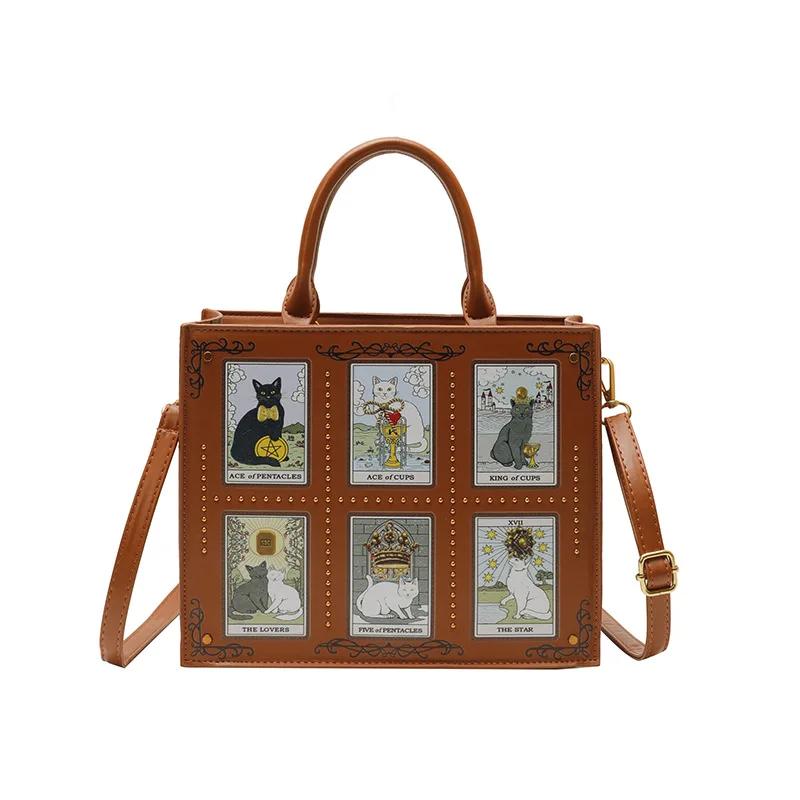 Modische Katzen-Elf Handtasche Top-Handle-Tote-Bag Quadratische Crossbody-Umhängetasche Niedliches Katzenmuster Vielseitige Tote-Bag Aktentasche für Damen
