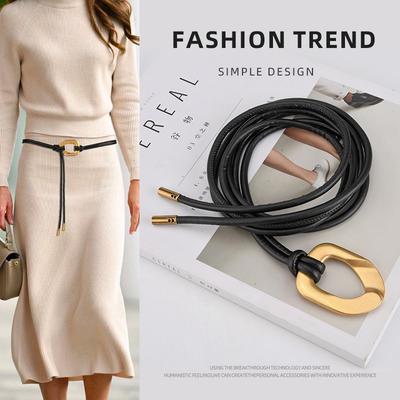New Alloy Buckle Pu Thin Waist Chain for Women's Knotted Leather Rope with Coat Fashionable Trendy Waist Rope for Women