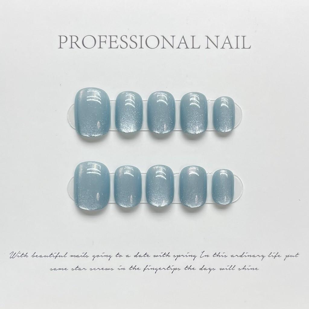 100% HANDMADE Short Round Fake Nail Set With Glue Star Ice Cream Blue&Yellow Cute gentle summer spring sea ocean diamond press on Nails Reusable