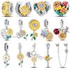 925 Sterling Copper Golden Sunflowers Heart Beads Pendant Charms Beads Fit 4MM Hole Diameter Bracelets Luxury Party DIY Zircon