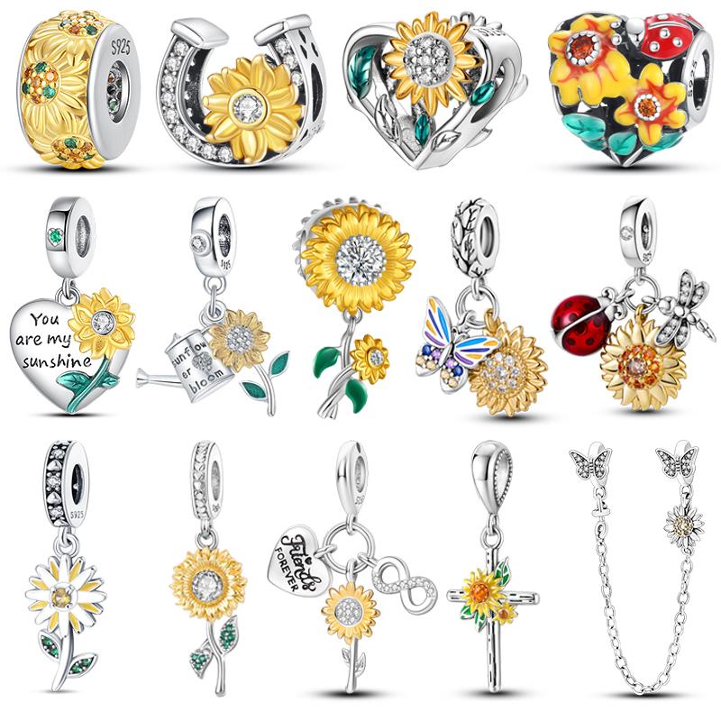 925 Sterling Copper Golden Sunflowers Heart Beads Pendant Charms Beads Fit 4MM Hole Diameter Bracelets Luxury Party DIY Zircon