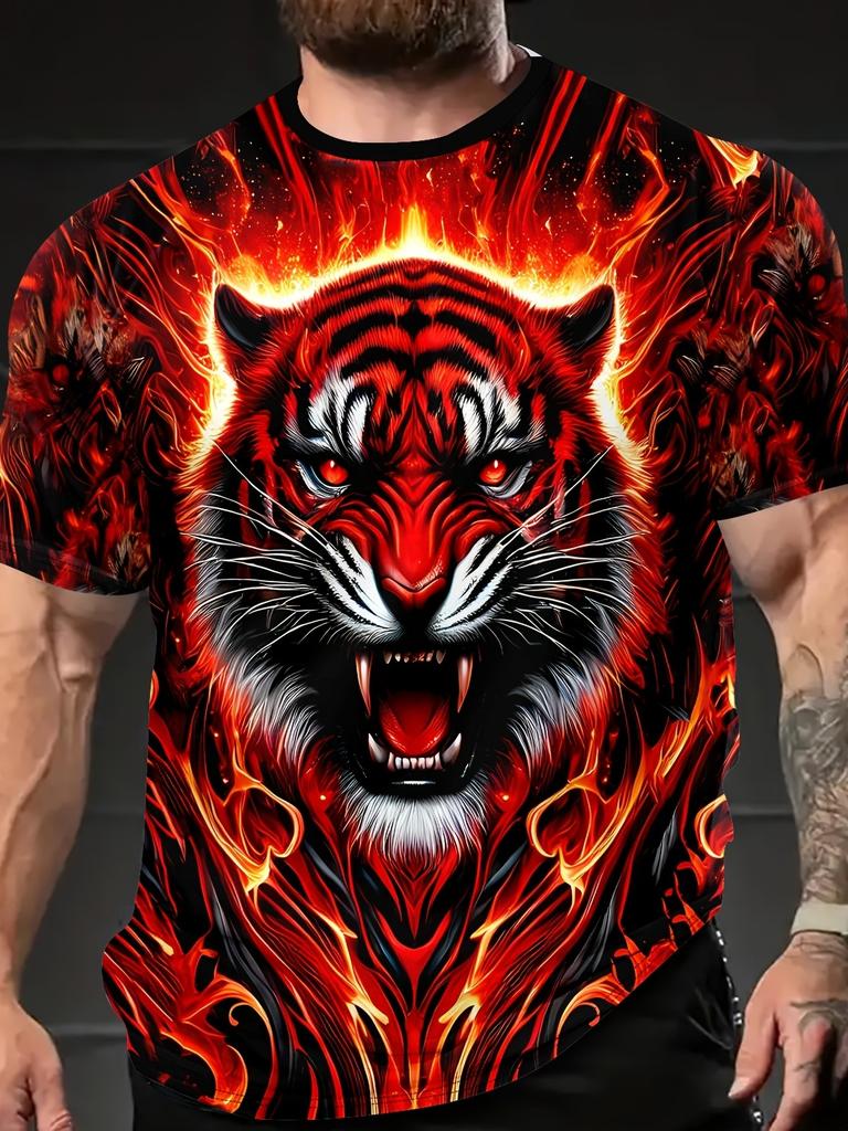 Herren 3D Tiger bedrucktes Kurzarm Rundhals T-Shirt Atmungsaktiv Stretch Lässig Mode T-Shirt Outdoor Party Wochenendbekleidung Tops
