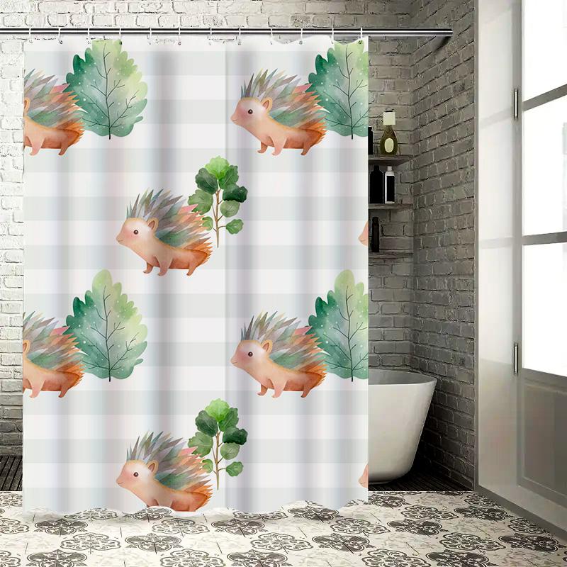 Cute Hedgehog Shower Curtain Waterproof Decor for Bathroom Green Leaf Pattern Home Decor Item (Size180 X 180cm)