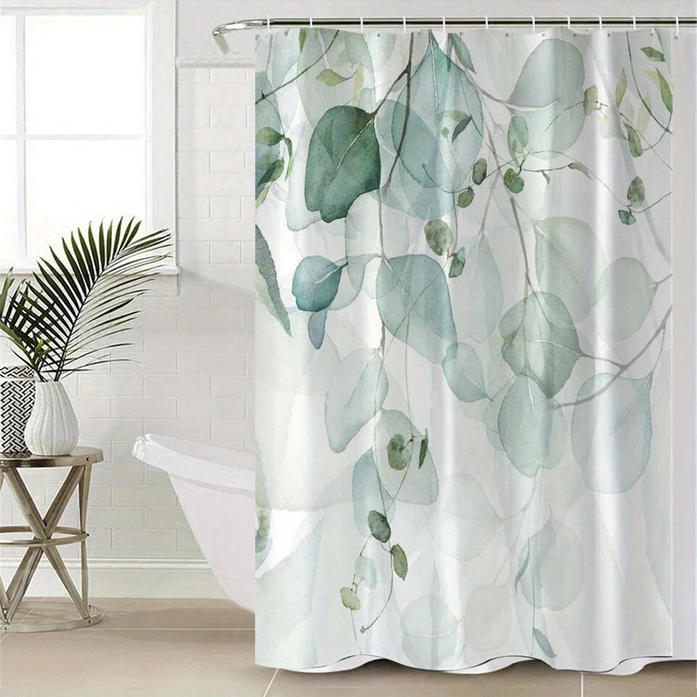Open 1pc Green Branch Digital Print Polyester Bathroom Decor and Accessories Shower Curtain No Drill Partition Bath Curtain