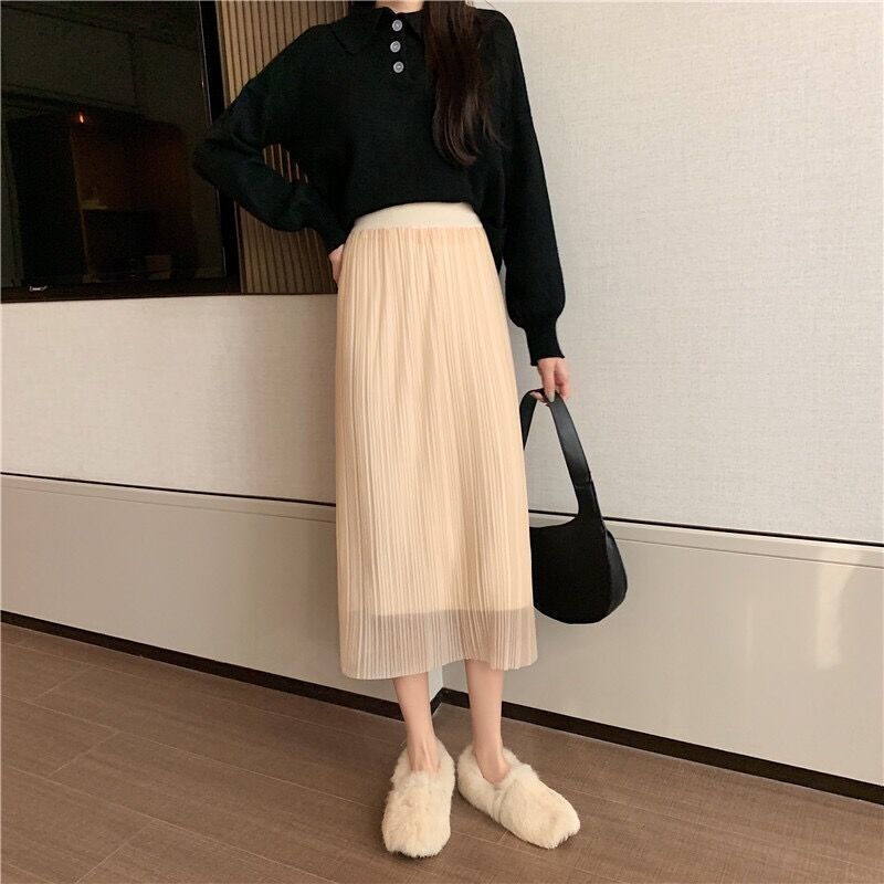 Reversible Pleated Women's Autumn Winter Knitted Midi Skirt A-Line Bodycon Style to Pair with Sweaters