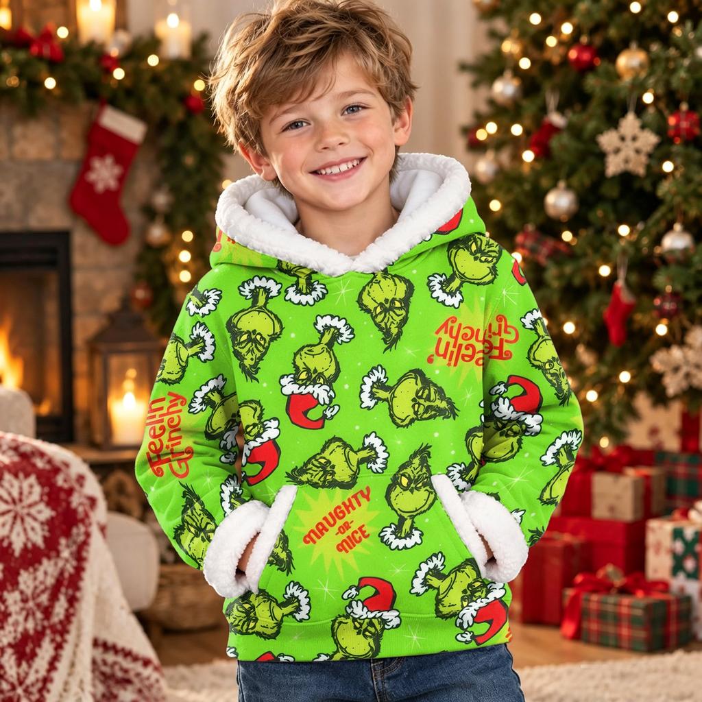 Kids Long Sleeve Christmas Print Hoodie, Casual Fashion Hooded Top for Winter Holiday