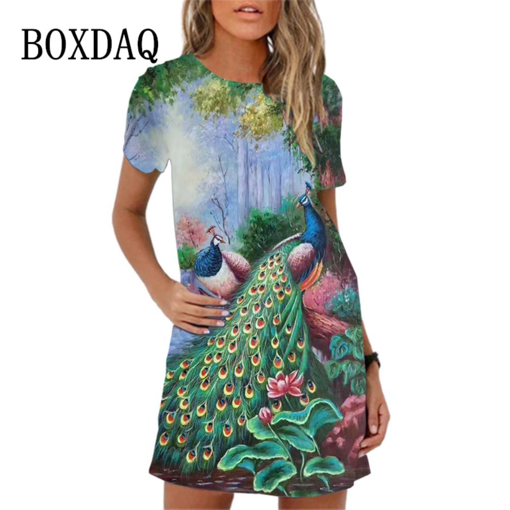 2026 New Summer 3d Peacock Pattern Loose A-line Round Neck Dress Casual Beach Party Short-sleeved Dress