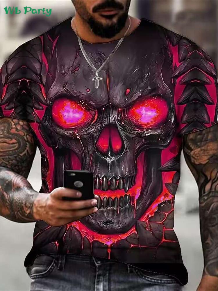 Retro skull 3D print men's T-shirt, summer street style men's top, fashionable round neck short-sleeved T-shirt, new loose fit men's clothing.