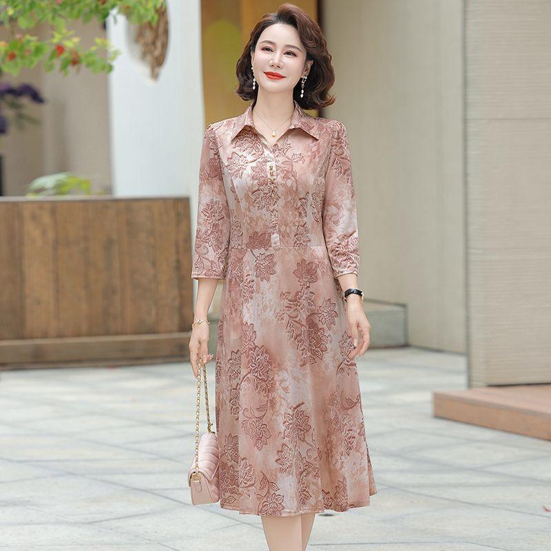 Women's Pink Floral Print 3/4 Sleeve Shirt Collar Midi Dress With Pockets