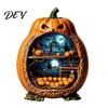 Halloween Cobweb Decorations Centerpiece Pumpkin, Wooden Pumpkin Ornament with Miniature Scenes, Rustic Scenes Skeleton for Farmhouse Home Table
