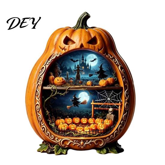 Halloween Cobweb Decorations Centerpiece Pumpkin, Wooden Pumpkin Ornament with Miniature Scenes, Rustic Scenes Skeleton for Farmhouse Home Table