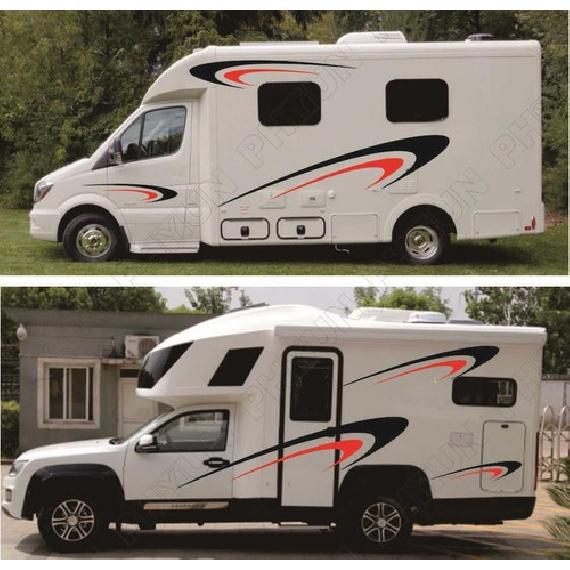 Car Two Body Side Stripes Stickers Vinly Decals Black+Red For Camper RV Trailer