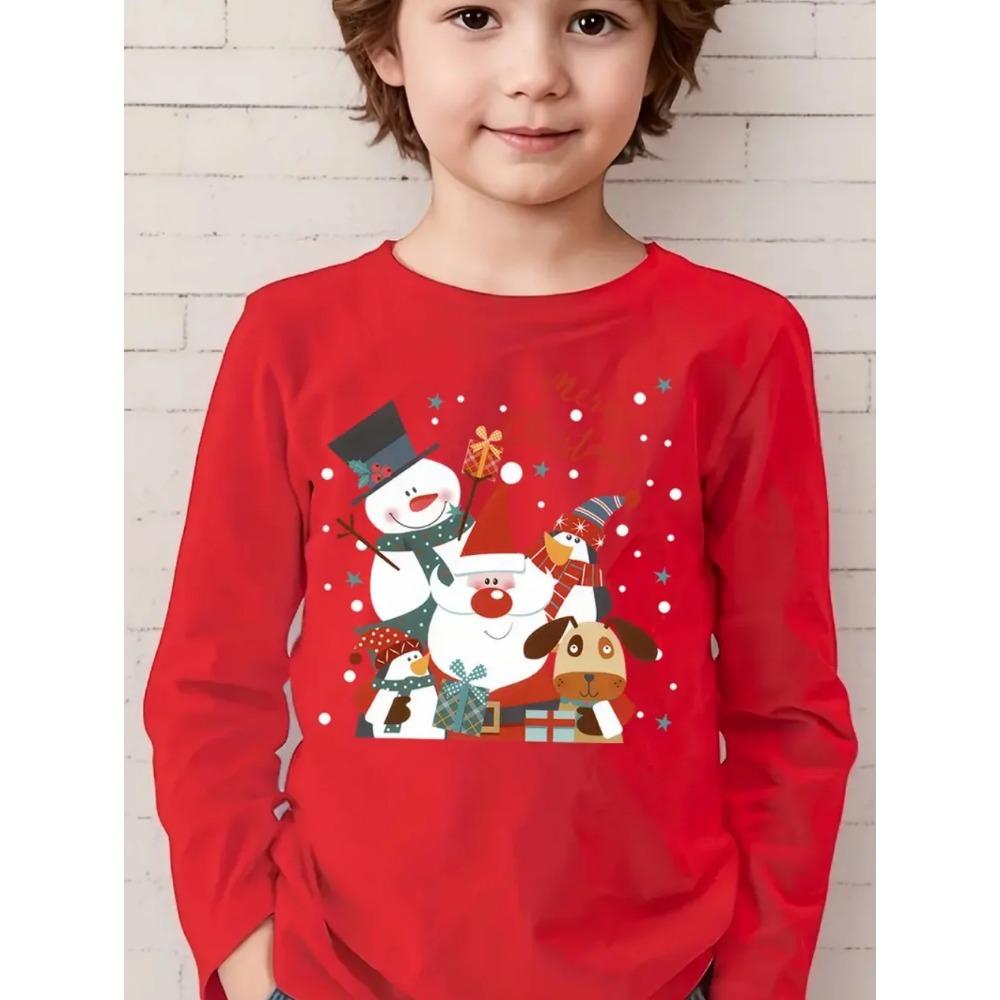 Spring and Autumn Round Neck 3D Christmas Theme Printed Top Fashionable Casual Long Sleeved Children's Boy T-shirts