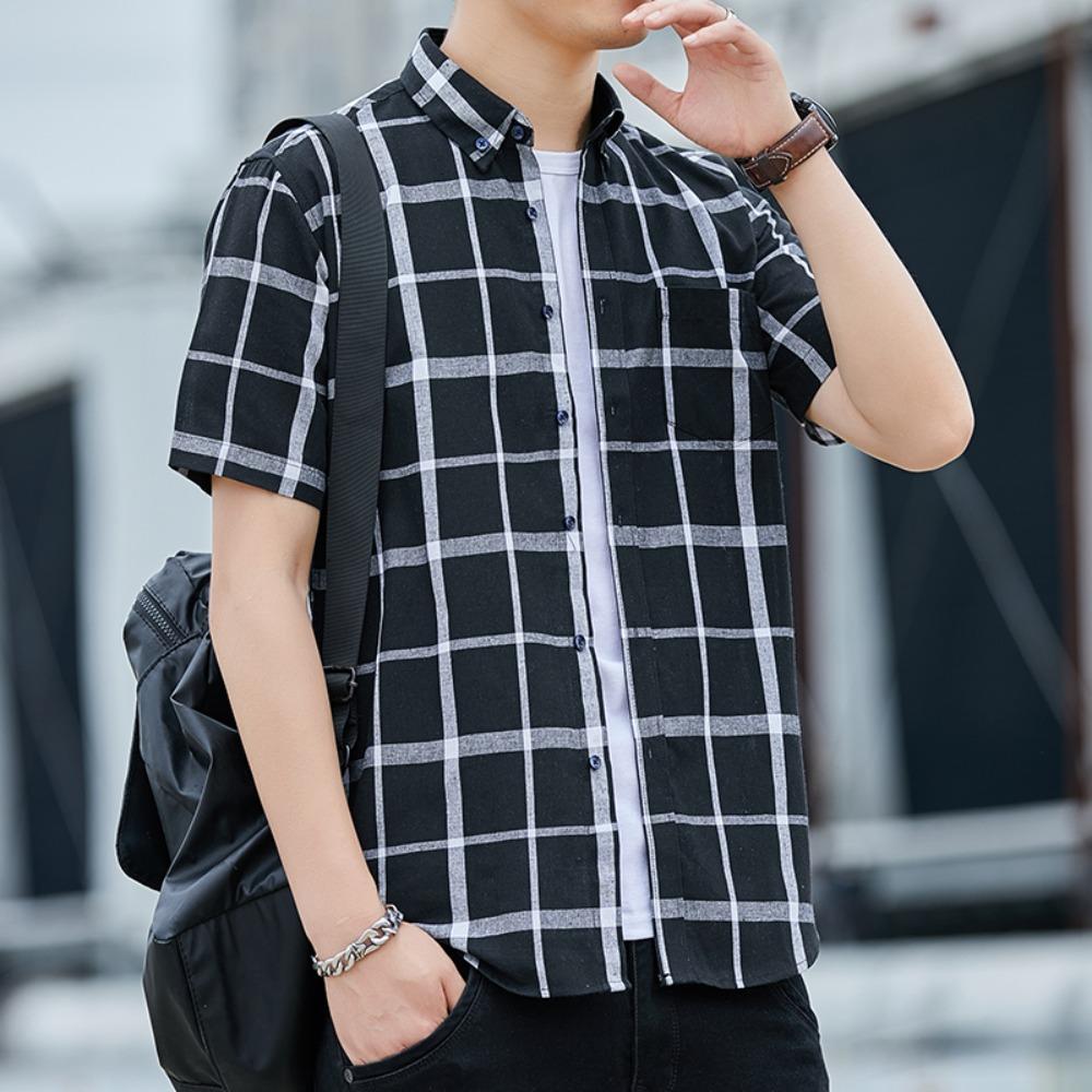 

Чоловіча літня коротка рукава картата сорочка повсякденна ділова блузка непрасувальна легка дихаюча верхня частина проти зморшок L чорний