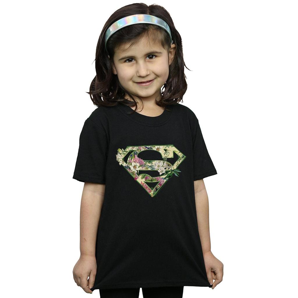 DC Comics Girls Supergirl Floral Shield Cotton T-Shirt