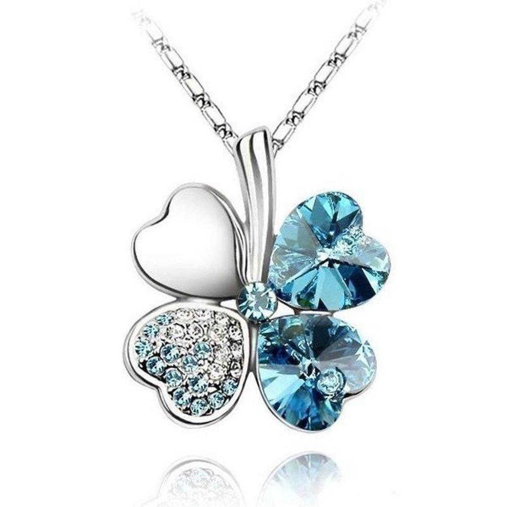 Four-leaf clover sky blue heart necklace silver plated crystal gift good luck fortune children friendship lover trend jewelry gem sparkle