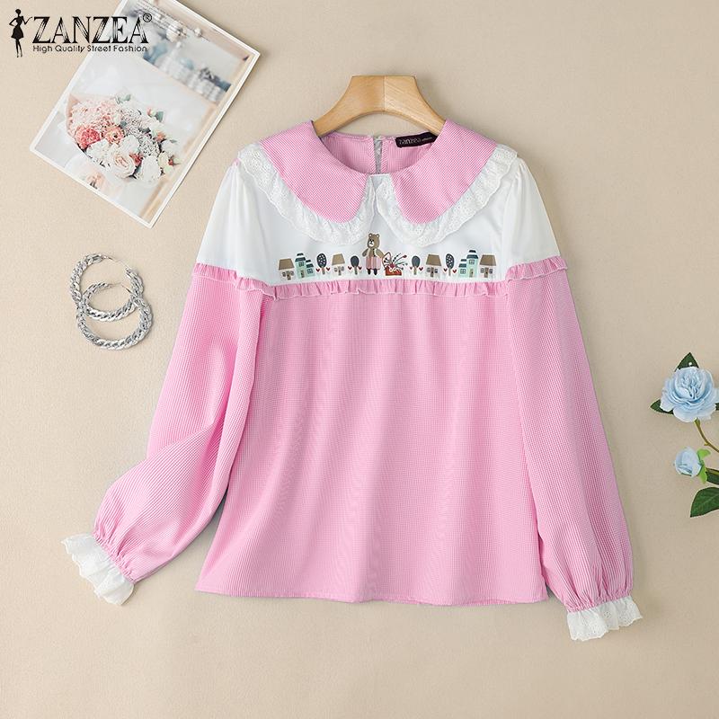 ZANZEA Womens Casual Doll Collar Long Sleeve Loose Patchwork Blouse