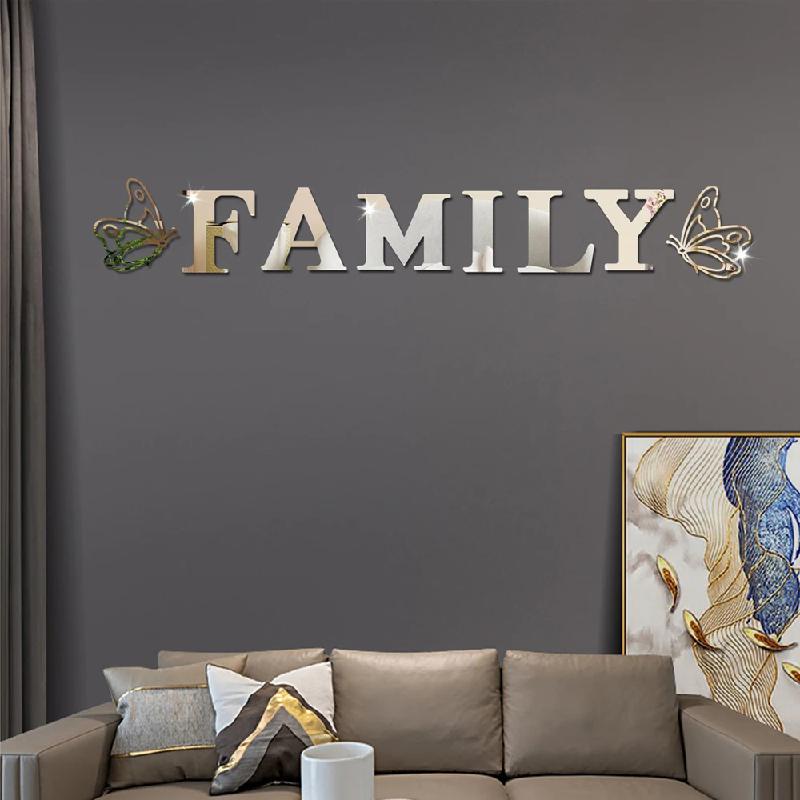 Two Butterflies English Letters Family 3D Mirror Wall Stickers Self-Adhesive DIY Acrylic Decals For Living Room Home Decoration