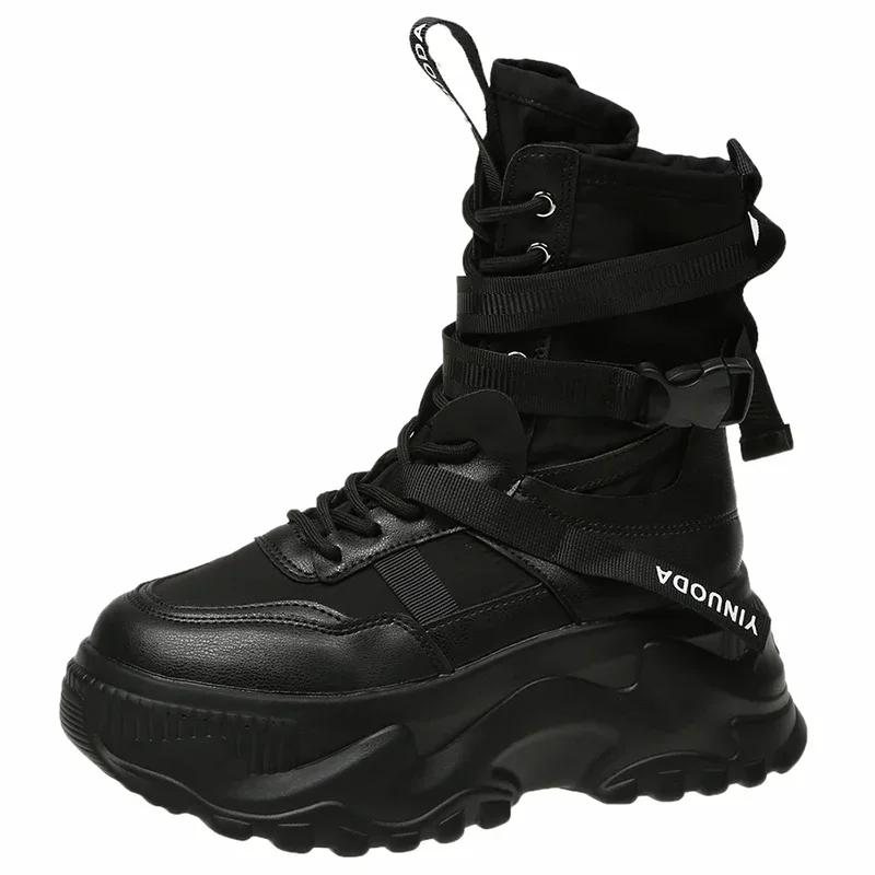 White Chunky Platform Motorcycle Boots Women Buckle Lace Up Thick Bottom Ankle Boots Woman 2025 Autumn Fashion Vulcanized Shoes