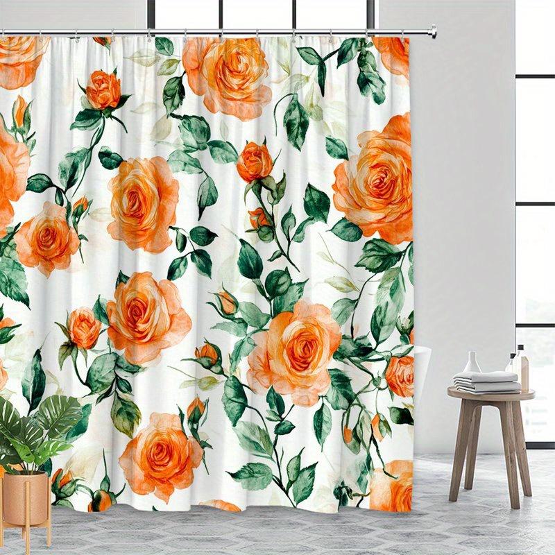 1pc Bright orange rose floral shower curtain with delicate petals and soft green leaves on white background - Polyester fabric