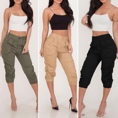 Pants Mid-Rise Relaxed-fit Solid Color Pure Colors Stretchy Elastic Waist Side Ruched Women Mid-calf Sports Pockets Cargo Pants Female Clothing